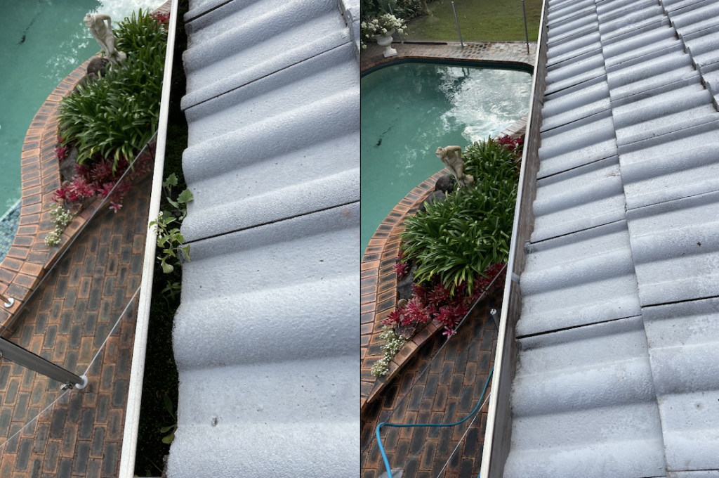 before and after cleaning gutter with swimming pool on the side