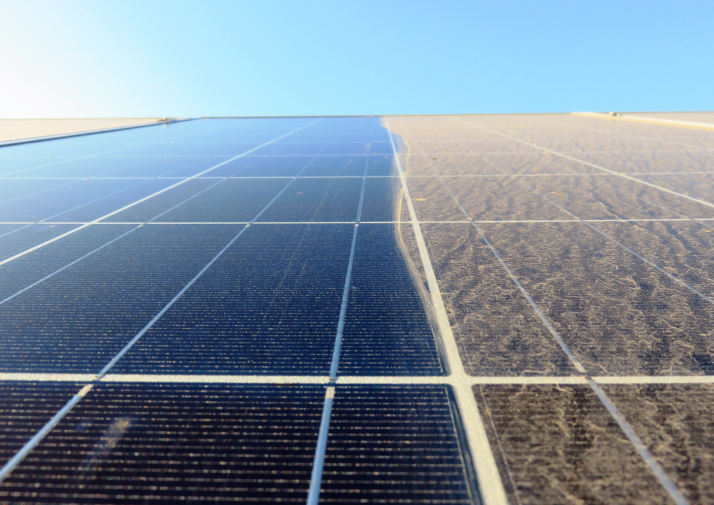 solar panel, left side is clean and the right side is dirty